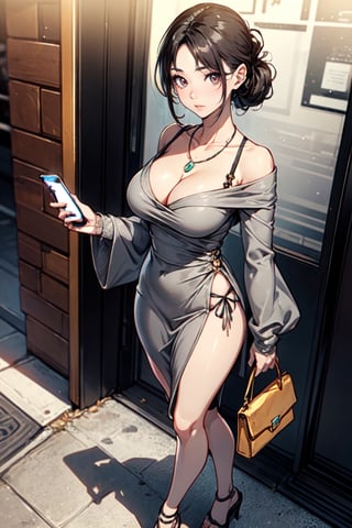 Masterpiece, Realistic, High detailed, Korean girl, milf, light makeup, teardrop, ((wearing_light_gray_sleeve_dress:1.2)), (spandex), non_slit, tight_clothing, narrow_waist, collarbone, cleavage, black hair, (updo), brown eyes, strappy sandals, channel_bag, starbucks coffee, Dongtan missy, Dongtan style, airpods, facing_viewer, holding_cellphone, van cleef necklace, 