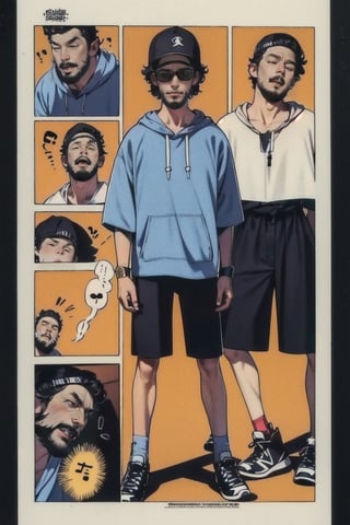 ((1man)), snapback, sunglasses, ((black_short_hair)), (short_beard), black_hoodie, denim_pants, air_jordan_1_high, cartoon, (Musical notes), skinny body, (small_Shiba_Inu), ((rolex)),1 page manga