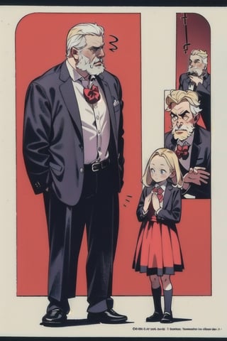 (old man, young guy, boy, women, young girl), multiple_people, gang, mafia, family, suit, belt, dress, school_uniform,((white_hair, black_hair, blonde)), (slicked_back_hair), (short_beard), cartoon, skinny body, (1 page manga), (roses), (bow_tie)