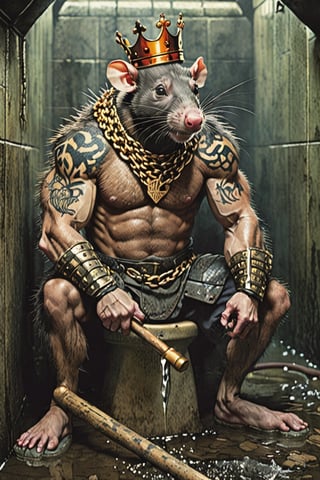 digital art 8k,  a ripped,  muscluar,  humanoid rat sitting on a toilet in a dark damp sewer,  wearing a crown, the rat king is weilding a large sledge hammer over its shoulder. The rat king should have scars, wounds from battle, war tattoos, gold chains around his neck. The rat king should have "kingrat_" text logo tattooed on his arm. "2024" text logo should be tattooed on his other arm.

The rat king should look aggressive and defiant.,band_bodysuit,Movie Still,Text,newhorrorfantasy_style,Ukiyo-e