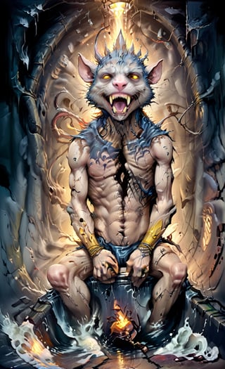 an anthropomorphic kat kig, in a realistic style.

digital art 8k,  a ripped,  muscluar,  humanoid rat sitting on a toilet in a dark damp sewer,  wearing a crown, the rat king is weilding a large sledge hammer over its shoulder. The rat king should have scars, wounds from battle, war tattoos, gold chains around his neck. 
The rat king should have "kingrat_" tattooed on his arm. "2024" should be tattooed on his other arm.

The rat king should look aggressive and defiant.,DonMDj1nnM4g1cXL ,darktattoo,potma style