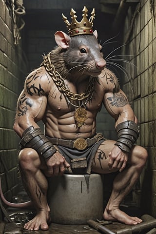 digital art 8k,  a ripped,  muscluar,  humanoid rat sitting on a toilet in a dark damp sewer,  wearing a crown, the rat king is weilding a large sledge hammer over its shoulder. The rat king should have scars, wounds from battle, war tattoos, gold chains around his neck. The rat king should have "kingrat_" text logo tattooed on his arm. "2024" text logo should be tattooed on his other arm.

The rat king should look aggressive and defiant.,band_bodysuit,Movie Still,Text,newhorrorfantasy_style,Ukiyo-e