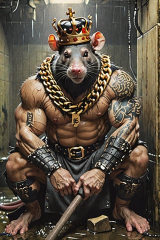 digital art 8k,  a ripped,  muscluar,  humanoid rat sitting on a toilet in a dark damp sewer,  wearing a crown, the rat king is weilding a large sledge hammer over its shoulder. The rat king should have scars, wounds from battle, war tattoos, gold chains around his neck. The rat king should have "kingrat_" text logo tattooed on his arm. "2024" text logo should be tattooed on his other arm.

The rat king should look aggressive and defiant.,band_bodysuit,Movie Still,Text,newhorrorfantasy_style,Ukiyo-e