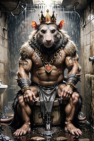 digital art 8k,  a ripped,  muscluar,  humanoid rat sitting on a toilet in a dark damp sewer,  wearing a crown, the rat king is weilding a large sledge hammer over its shoulder. The rat king should have scars, wounds from battle, war tattoos, gold chains around his neck. The rat king should have "kingrat_" text logo tattooed on his arm. "2024" text logo should be tattooed on his other arm.

The rat king should look aggressive and defiant.,band_bodysuit,Movie Still,Text,monster