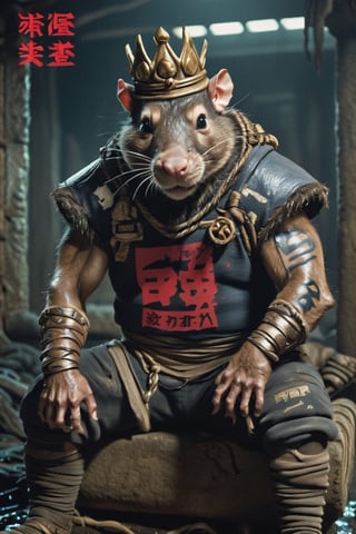 digital art 8k,  a ripped,  muscluar,  humanoid rat sitting on a toilet in a dark damp sewer,  wearing a crown, the rat king is weilding a large sledge hammer over its shoulder. The rat king should have scars, wounds from battle, war tattoos, gold chains around his neck. The rat king should have "kingrat_" text logo tattooed on his arm. "2024" text logo should be tattooed on his other arm.

The rat king should look aggressive and defiant.,band_bodysuit,Movie Still,Text,newhorrorfantasy_style,Ukiyo-e