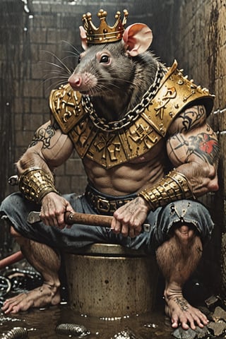 digital art 8k,  a ripped,  muscluar,  humanoid rat sitting on a toilet in a dark damp sewer,  wearing a crown, the rat king is weilding a large sledge hammer over its shoulder. The rat king should have scars, wounds from battle, war tattoos, gold chains around his neck. The rat king should have "kingrat_" text logo tattooed on his arm. "2024" text logo should be tattooed on his other arm.

The rat king should look aggressive and defiant.,band_bodysuit,Movie Still,Text,newhorrorfantasy_style,Ukiyo-e