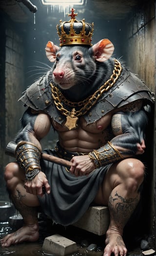 digital art 8k,  a ripped,  muscluar,  humanoid rat sitting on a toilet in a dark damp sewer,  wearing a crown, the rat king is weilding a large sledge hammer over its shoulder. The rat king should have scars, wounds from battle, war tattoos, gold chains around his neck. The rat king should have "kingrat_" tattooed on his arm. "2024" should be tattooed on his other arm.

The rat king should look aggressive and defiant.,band_bodysuit