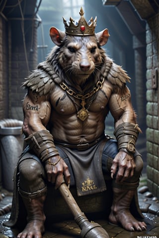 digital art 8k,  a ripped,  muscluar,  humanoid rat sitting on a toilet in a dark damp sewer,  wearing a crown, the rat king is weilding a large sledge hammer over its shoulder. The rat king should have scars, wounds from battle, war tattoos, gold chains around his neck. The rat king should have "kingrat_" text logo tattooed on his arm. "2024" text logo should be tattooed on his other arm.

The rat king should look aggressive and defiant.,band_bodysuit,Movie Still,Text