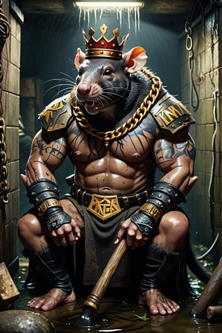 digital art 8k,  a ripped,  muscluar,  humanoid rat sitting on a toilet in a dark damp sewer,  wearing a crown, the rat king is weilding a large sledge hammer over its shoulder. The rat king should have scars, wounds from battle, war tattoos, gold chains around his neck. The rat king should have "kingrat_" text logo tattooed on his arm. "2024" text logo should be tattooed on his other arm.

The rat king should look aggressive and defiant.,band_bodysuit,Movie Still,Text