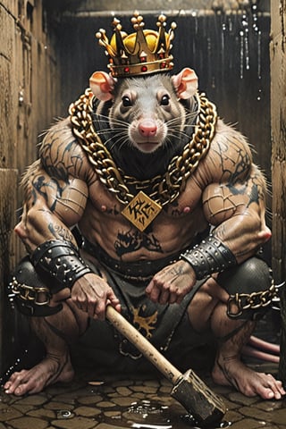 digital art 8k,  a ripped,  muscluar,  humanoid rat sitting on a toilet in a dark damp sewer,  wearing a crown, the rat king is weilding a large sledge hammer over its shoulder. The rat king should have scars, wounds from battle, war tattoos, gold chains around his neck. The rat king should have "kingrat_" text logo tattooed on his arm. "2024" text logo should be tattooed on his other arm.

The rat king should look aggressive and defiant.,band_bodysuit,Movie Still,Text,newhorrorfantasy_style,Ukiyo-e