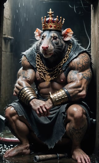 digital art 8k,  a ripped,  muscluar,  humanoid rat sitting on a toilet in a dark damp sewer,  wearing a crown, the rat king is weilding a large sledge hammer over its shoulder. The rat king should have scars, wounds from battle, war tattoos, gold chains around his neck. The rat king should have "kingrat_" tattooed on his arm. "2024" should be tattooed on his other arm.

The rat king should look aggressive and defiant.,band_bodysuit,Movie Still