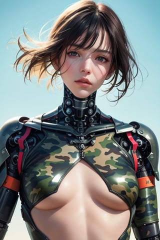 editorial photography,super detailed background,Super realistic,double exposure,depth of field,beauty vibes,soft focus tone,narrative scene,skinny,latex cyborg with a Detailed camouflage body,portrait,