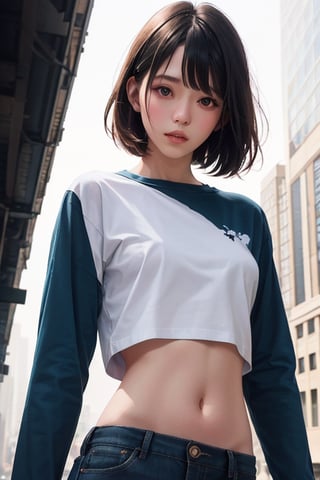 editorial photography,super detailed background,Super realistic,double exposure,depth of field,high fashion vibes,soft focus tone,narrative scene,beautiful skinny female,negative fill,ultra-short bob hairstyle,portrait photo,white skin,Plain long-sleeved T-shirt,navel,