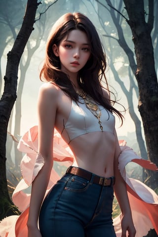 editorial photography,super detailed background,Super realistic,double exposure,depth of field,stylish fashion model vibes,soft focus tone,narrative scene,beauty skinny beast-tamer,open glossy thin lips,dead tree,dominate demon,