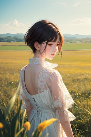 editorial photography,super detailed background,Super realistic,double exposure,depth of field,pure-hearted innocent vibes,soft focus tone,narrative scene,skinny beauty,super short straight hairstyle,leaning against grassland breeze,