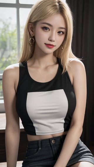 1European girl 25 years old, solo, dynamic pose, light-blonde hair, smile, messy medium hair, hair over one eye, normal breast, earrings, black eyes, healthy skin, high detailed skin, skin pores, (tank top), short skirt, (UHD, photorealistic:1.4, raw photo:1.2, hdr), best quality, masterpiece, crystal clear, sharp focus, studio lighting, photon mapping, professional color grading, random background