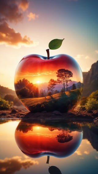 lovely double exposure image by blending together a sunrises and a glass apple. The sky should serve as the underlying backdrop, with its details subtly incorporated into the glossy glass apple, sharp focus, double exposure, glossy glass apple, (translucent glass figure of an apple) (sky inside) lifeless, dead, glass apple, earthy colors, decadence, intricate design, hyper realistic, high definition, extremely detailed, dark softbox image, raytracing, cinematic, HDR, photorealistic (double exposure:1.1)