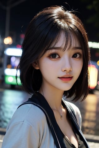 hessang, , (photorealistic:1.37),(professional lighting:1.6)
1girl,solo, hessang, happy in school uniform, ((upper body:1.6)),looking at camera, perfect blue eyes,
waiting for a bus on a bus parade on a street in the night, some light rain and random people on the same street.lighting,