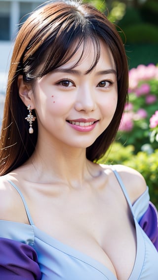 masterpiece, light tracking, gradual blend, highest quality, raw photo, ultra realistic,
Chinese girl, pure face, blue sky blouse, sexy smile, deductive smile, (cleavage:0.9), bokeh, earrings, hair over shoulder, flowers head dressing, purple flowers, facing viewer, close up, breasts, pink lips