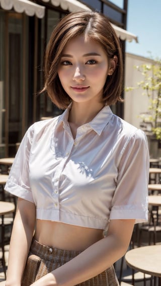 (Best quality, 8k, 32k, Masterpiece, UHD:1.2),Photo of Pretty Japanese woman, 1girl, (medium-short dark brown hair), double eyelid, large breasts, perfect hands, wide hips, beautiful legs, pale skin, detailed pores skin, white collared_shirt, see-through,  smile, look at viewer, relaxing, fashion model posing, cafe terrace, medium-short hair, upper body shot, detailed eyes, detailed facial, detailed natural real skin texture, detailed fabric rendering