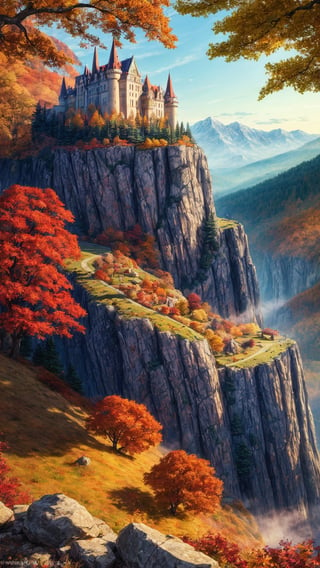 masterpiece, best quality, official_art, aesthetic and beautiful, potrait of an old castle on the cliff rocks, mountain, valley, autumn_leaves, fall_season, no_humans