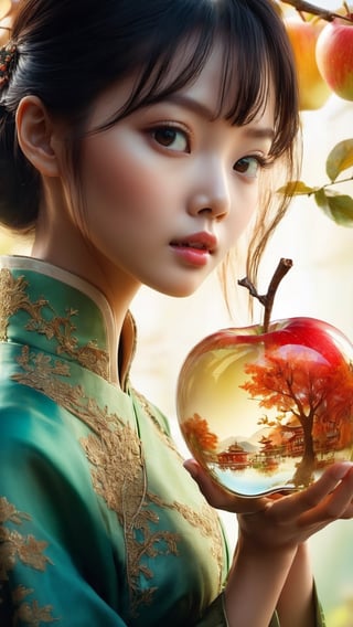 lovely double exposure image by blending together a asain girl and a glass apple. The asain girl should serve as the underlying backdrop, with its details subtly incorporated into the glossy glass apple, sharp focus, double exposure, glossy glass apple, (translucent glass figure of an apple) (girl inside) lifeless, dead, glass apple, earthy colors, decadence, intricate design, hyper realistic, high definition, extremely detailed, dark softbox image, raytracing, cinematic, HDR, photorealistic (double exposure:1.1)