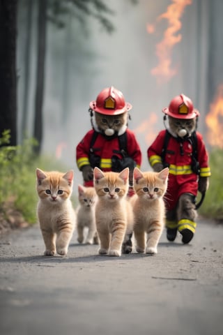 blurry background, kittens in line, wearing firemen uniform, walking like human, forest fires