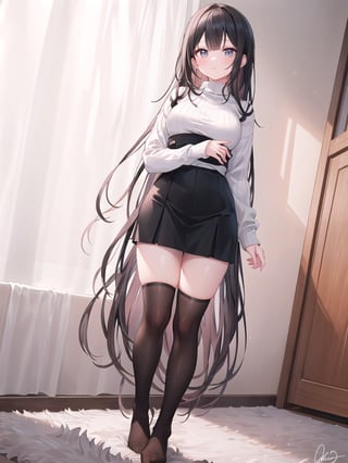 A young woman stands confidently indoors, her dark locks cascading down her back in a rich cascade. Her bangs frame her face as she gazes directly at the viewer. She wears a white shirt with long sleeves and black kneehigh socks that add a touch of edginess to her outfit. A fitted black skirt hugs her curves, paired with a cozy sweater. The soft carpet beneath her feet adds warmth to the scene, while her long hair flows like silk in the subtle lighting.
