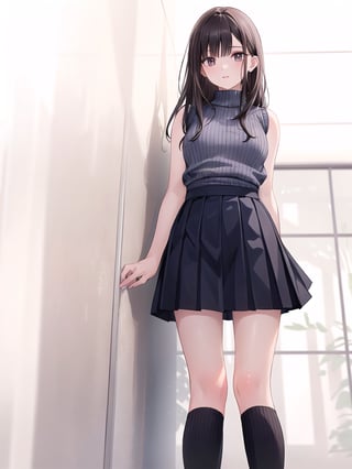 A young woman with long, dark hair and bangs stands in a indoor setting, her presence captured from a lower angle. She wears a pleated skirt that falls just above the knees, paired with sleeveless sweater and knee-high socks. Her lips are subtly defined. The focus is on her lower half as she stands with confidence, surrounded by a subtle, realistic environment.