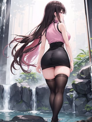 A sultry solo shot of a girl with long, dark hair and bangs, standing confidently indoors. She wears a black skirt that falls just above her knees, paired with a sleeveless turtleneck sweater and pink shirt underneath, showcasing her curvaceous bust. Her legs are clad in high-waisted black thigh-highs, adding to the overall seductive atmosphere. The framing highlights her toned thighs as she stands confidently, her long hair flowing down her back like a dark waterfall.