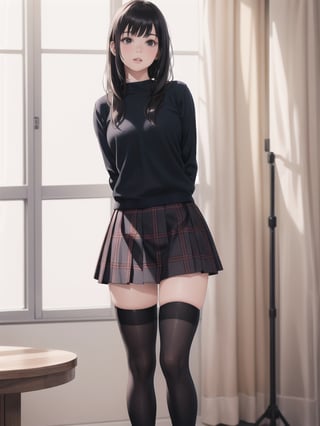 1girl, solo, long hair, bangs, skirt, shirt, black hair, thighhighs, long sleeves, standing, parted lips, black thighhighs, indoors, lips, plaid, plaid skirt, arms behind back, polka dot, realistic, over-kneehighs, reference inset, photo inset
