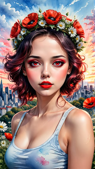 Adult woman, with (red eyes:1.7) wearing tank top with a crown of flowers, looking at the sky, city, surrounded by daisies and poppies, skyline, sunset colors, watercolor, ink, summer clouds, big rosy lips, rosy cheeks, vines, art by tim burton and MSchiffer, UHD wallpaper