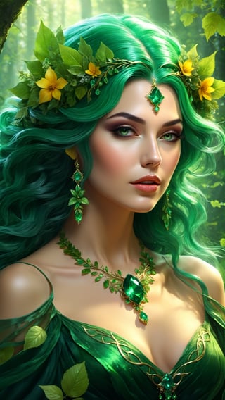 8K Ultra HD, highly detailed, we are transported to a mystical forest where the enigmatic beautiful Nature Witch resides, At the center of the painting stands the beautiful Nature Witch, a striking figure of ethereal beauty, Her presence is an embodiment of the very essence of nature itself, She has flowing, emerald-green hair that appears to be woven from the very vines and leaves that surround her, Her eyes, as deep as the forest itself, radiate a gentle wisdom and connection to all living things, The beautiful witch is adorned in a gown made of living flowers and leaves, as if she herself is a part of the forest, The gown shimmers with a soft, iridescent glow, reminiscent of morning dew on petals, luminism, 3d render, by yukisakura, octane render, Isometric,