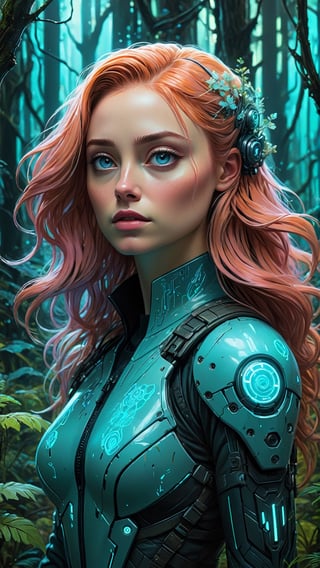 Ultra detailed illustration of a woman lost in a magical cyberpunk forest, glowy, bioluminescent flora, futuristic, mechanical, incredibly detailed, pastel colors, handpainted strokes, visible strokes, oil paint, art by Mschiffer, night, bioluminescence (sophie turner lookalike)