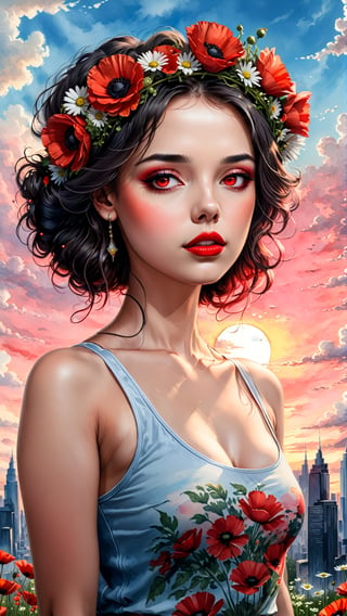 Adult woman, with (red eyes:1.7) wearing tank top with a crown of flowers, looking at the sky, city, surrounded by daisies and poppies, skyline, sunset colors, watercolor, ink, summer clouds, big rosy lips, rosy cheeks, vines, art by tim burton and MSchiffer, UHD wallpaper
