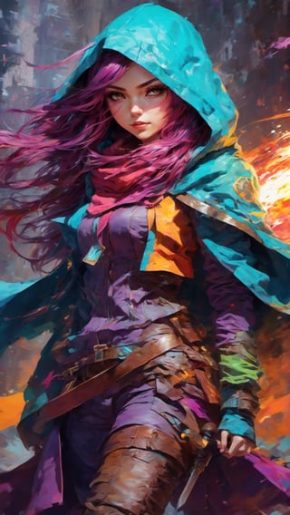 Bluish-Red, Yellowish-Cyan, Greenish-Purple, Orangish-Teal, Magenta-Lime, masterpiece, Rogue assassin girl, wearing a hood, shrouded in shadows, holding a flaming dagger in each hand, entirely in frame, FULL BODY, radiating electrical energy, shoulder length messy hair, Full body, Beautiful anime waifu style girl, hyperdetailed painting, luminism, art by Carne Griffiths and Wadim Kashin concept art, 8k resolution, fractal isometrics details bioluminescence, intricately detailed, cinematic lighting, trending on art station, Isometric, centered, hyper detailed cover photo, hand drawn, gritty, intricate, hit definition, cinematic, rough sketch, bold lines, on paper, vibrant, epic, ultra high quality model