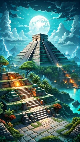 Aztec urban city environment, gray cobblestone made ground ways, silver moonlight night, leafy vegetation, great mayan pyramid, altar of teal fire, background city houses, foreground ocean with little islands, colorful and vibrant shining and soft lightning, fantasy drawn illustration, anime medieval fantasy styled, centered, concept art, digital drawing, detailed and stylized, 