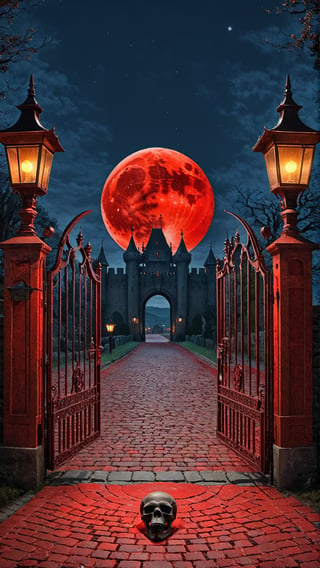 (Panorama) One Night, Bloody Red Moon, Gorgeous Retro Iron Gate, Dotstyle Lens, Stone Paved Road, Castle, Crow, Dim Street Lamp, Skull on Ground, Canon d500, Po rtra 200, Original, Dynamic Studio Composition, Dramatic, Studio Light, Ultra Fine Details