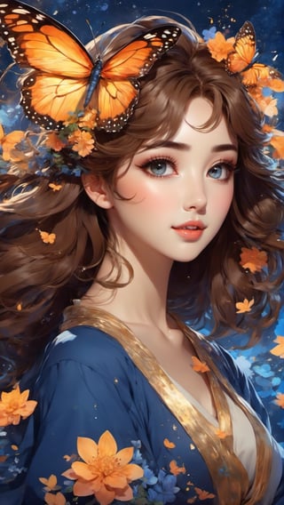 high quality, 8K Ultra HD, highly detailed, full body, stary night blue black beautiful detailed illustration of a beautiful woman, splash arts, vivid colorful tone, aesthetic for Tshirt design, highly detailed, vivid colorful tone, wearing a flower hair ornament, butterflies flying in the background, soft tetrad color, A digital illustration of anime style, digital anime paintings of her, soft anime tones, Feels like Japanese anime, fantasy art, T-shirt design, Background with light brown gradient, soft tetrad color, luminism, enhanced beauty, Albert Anker, Feeling like Kyoto Animation, Greg Rutkowski, Artgerm, WLOP, Alphonse Beeple, Same quality as images using Leonardo.Ai's Alchemy Dynamic, Quality images using Alchemy Dynamic, luminism, 3d render, octane render, Isometric, awesome full color, 