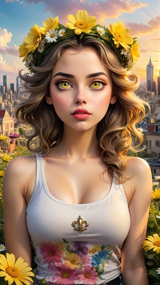 woman, with (yellow eyes:1.7) wearing tank top with a crown of flowers, looking at the sky, city, surrounded by daisies and fleur-de-lis, skyline, sunset colors, watercolor, ink, summer clouds, big rosy lips, rosy cheeks, vines, art by tim burton and MSchiffer, UHD wallpaper  by alex1shved