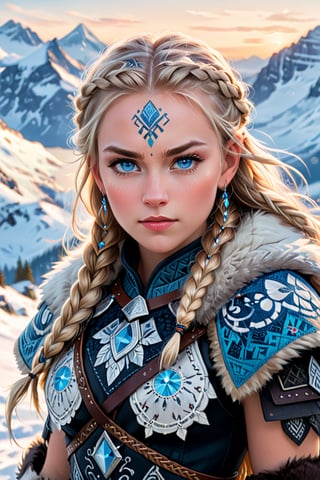 A fiercely proud Nordic girl stands, her presence exuding unwavering strength. Her blonde braids cascade down her back, framing a face marked by determination and resilience. This stunning portrait captures her piercing blue eyes, reflecting the icy landscapes of her homeland. The intricate details of her embroidered Viking armor and fur-lined cloak speak of her warrior spirit. This high-quality painting seamlessly combines power and grace, drawing the viewer into the captivating story of a fierce Nordic warrior princess. playful body manipulations, divine proportion, non-douche smile, gaze into the camera, holographic shimmer, whimsical lighting, enchanted ambiance, soft textures, imaginative artwork, ethereal glow, silent Luminescence, whispering Silent, iridescent Encounter, vibrant background, by Skyrn99, full body, (((rule of thirds))), high quality, high detail, high resolution, (bokeh:2), backlight, long exposure:2