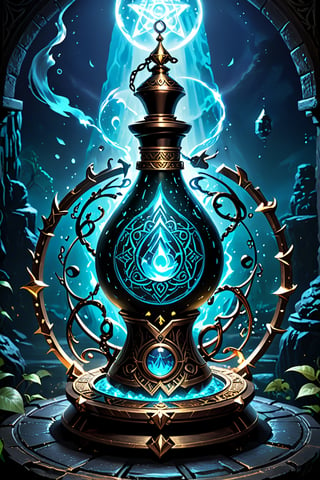 Potion of Summoning: Depict a potion with ancient symbols etched into its dark metal band, and a glowing core gem that pulses with a magical light. This potion has the power to summon mythical creatures from the depths of legend. The backdrop is a mystical summoning circle illuminated by the potion's light, with ethereal figures beginning to materialize around it, hinting at the wearer's command over the beings of myth.