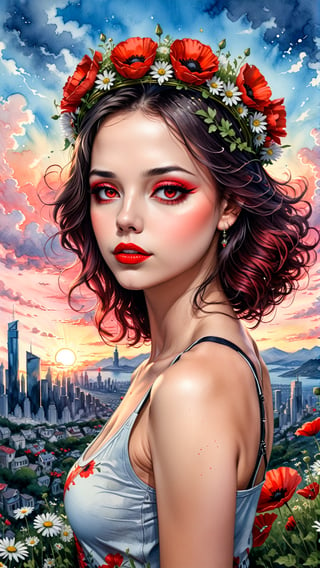 Adult woman, with (red eyes:1.7) wearing tank top with a crown of flowers, looking at the sky, city, surrounded by daisies and poppies, skyline, sunset colors, watercolor, ink, summer clouds, big rosy lips, rosy cheeks, vines, art by tim burton and MSchiffer, UHD wallpaper