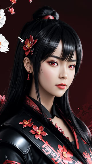 a beautiful short black hair woman, dressed in red samurai armor, red scarlet eyes, with sakura flower in the background, soft lighting, finely detailed features, intricate brush strokes, beautiful lighting,  Cinematic, Color Grading, Depth of Field, intricate details, Unreal Engine, Character Concept Art, creative, expressive, stylized anatomy, digital art, 3D rendering, unique, award-winning, Adobe Photoshop, 3D Studio Max, well-developed concept, distinct personality, consistent style, HW*, ,mtu virus