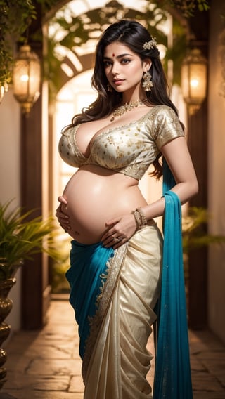 (((Stunningly Beautiful persian Princesss ))), elegant blue black updo hair, Janhvi Kapoor, Laetitia Casta, sweet smile, Beautiful bride posing under a fairy tale arch of exotic magical flowers, looking back, pregnancy, pregnant, pregnant_belly, very_pregnant, elaborate scene style, crystal glass lattice, glitter, transparent embroidered lace, realistic style, 8k,exposure blend, medium shot, bokeh, (hdr:1.4), (cinematic), ( dark tones:1.3), (hyperdetailed:1.2),Realism,1 girl,girl wearing indian saree(dressed in transparent saree)(wearing glitter graphics jewelry)big boobs ,Sexy Big Breast,nipple,bright light ,long_hair, Bokeh ,nsfw,breast milk give to girl , indian ,tree branch, colourfull , vibration 