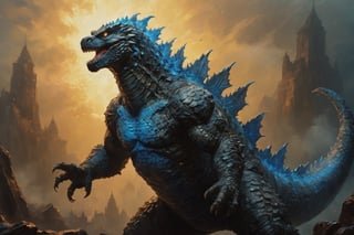 wide angle shot , A Godzilla with blue scales ,movie still, cinematic warm color lighting,oil painting,GLOWING