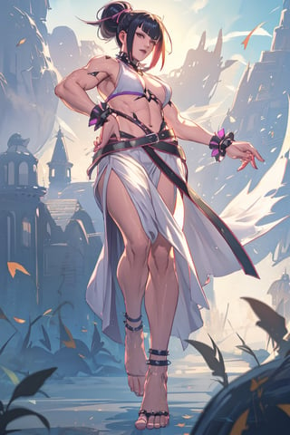 juri han , thick mature_female , (muscular tomboy milf:1.2) , (open long slit dress without bra:1.2) , full body, bare feet , bare legs
 
autumn time ,floating castle, light coming from abstract clouds

, masterpiece, best quality, very aesthetic, absurdres,glowingdust,Sexy Toon,breakdomain