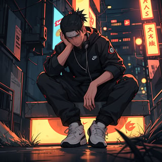 1boy , (muscular body:0), uzumaki naruto , naruto (series) , sitting on road , from below , nike jordans , sony headphones ,
 
cyberpunk city , neon signs

, masterpiece, best quality, very aesthetic, absurdres