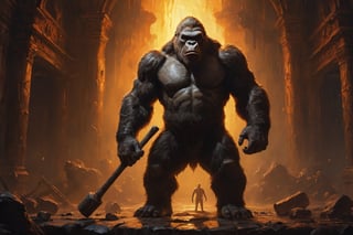 wide angle shot , A king kong standing far away with hammer in one hand,(closed mouth:1.2),movie still, cinematic warm color lighting,oil painting,GLOWING