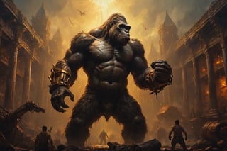 wide angle shot , king kong with mechanical arm ready to fight, cinematic warm color lighting,oil painting,GLOWING